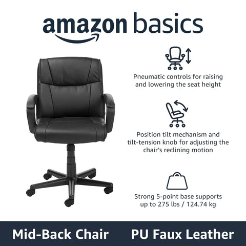 All Day Comfort Office Task Chair With Adjustable Height 360 Degree Swivel Plush Padded Armrests Mid Back Support Rolling Base 275 Pound Capacity Black Faux Leather front view.