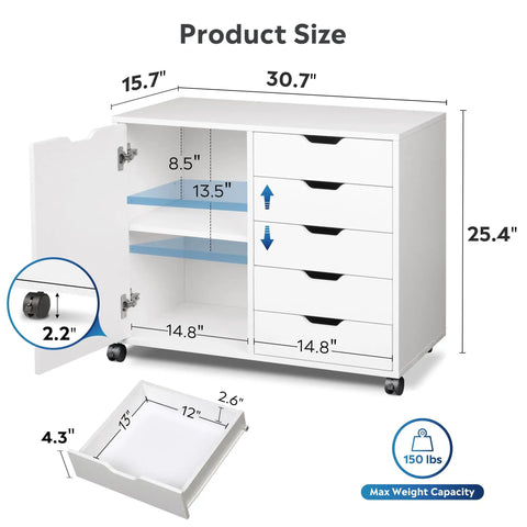 Five Drawer Wood Storage Cabinet With Wheels And Adjustable Shelf dimensions and features diagram.
