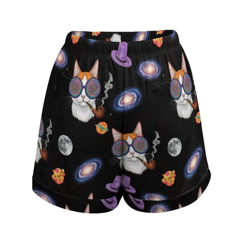 High Waist Workout Shorts For Women With Drawstring And Pockets, Loose Fit Breathable Athletic Shorts For Gym And Running, Galaxy Space Cat Print, Lightweight Polyester, Everyday Activewear
