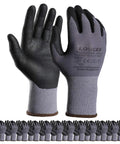 LOCCEF safety work gloves with micro-foam nitrile coating; seamless knit nylon, gray cuffs, black palms, 12 pairs