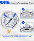 Glycerin Filled 2.5 Inch Pressure Gauge 0 to 300 Psi and 0 to 2000 kPa 304 Stainless Steel Case Lower Mount showing pressure release tutorial
