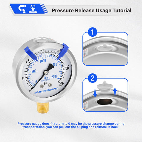 Glycerin Filled 2.5 Inch Pressure Gauge 0 to 300 Psi and 0 to 2000 kPa 304 Stainless Steel Case Lower Mount showing pressure release tutorial