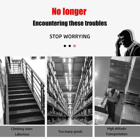 Image illustrating problems of climbing stairs and transporting goods, promoting the Smooth Operator Electric Lifting Platform.