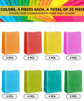 Small Kraft Gift Bags With Handles Set Of 32 In Rainbow Colors Five Point Eight By Three Point Two By Eight Point Two Five Inches Eco Friendly Party Favor Bags For Kids Birthday Baby Shower Weddings Crafts And Party Supplies displaying bags in various colors with count labels under each.