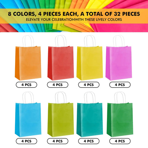 Small Kraft Gift Bags With Handles Set Of 32 In Rainbow Colors Five Point Eight By Three Point Two By Eight Point Two Five Inches Eco Friendly Party Favor Bags For Kids Birthday Baby Shower Weddings Crafts And Party Supplies displaying bags in various colors with count labels under each.