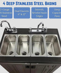 Hustle Ready Portable Sink With Four Compartment Basin And Built In Hot Water, dual faucets, deep stainless steel basins.