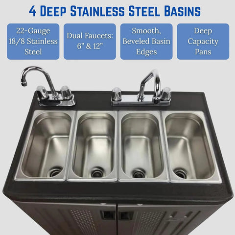 Hustle Ready Portable Sink With Four Compartment Basin And Built In Hot Water, dual faucets, deep stainless steel basins.