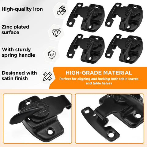 Heavy Duty Metal Spring Align And Lock Connectors For Dining Tables Four Piece Kit With All Required Screws, black iron brackets with spring handle.