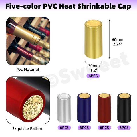 Wine Bottle Cork Stopper Kit With Dope PVC Heat Shrink Capsules, 60 Pcs in 5 Colors including gold capsule on wooden rack