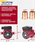 Hot Water Circulation Pump 110V 3 Speed 3/4 Inch NPT with copper motor, fittings, dimensions, energy saving
