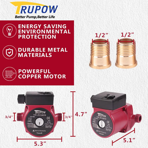 Hot Water Circulation Pump 110V 3 Speed 3/4 Inch NPT with copper motor, fittings, dimensions, energy saving
