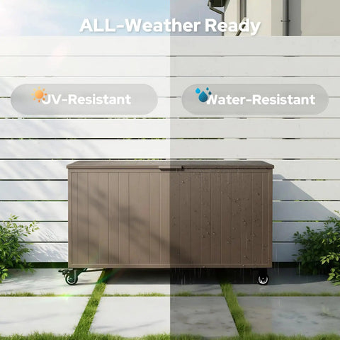Outdoor Storage Box With Wheels 150 Gallon Wheeled Deck Box For Patio, Waterproof And UV Resistant, brown storage chest