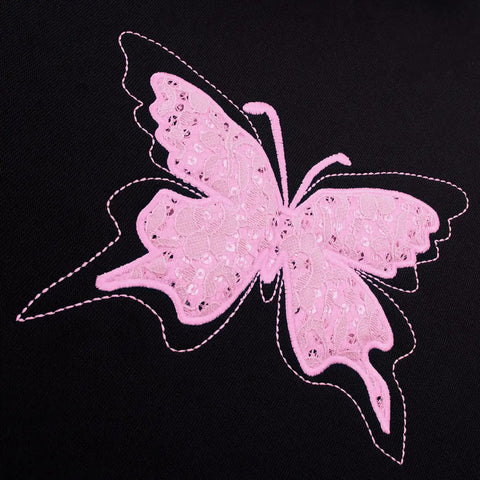 Close-up of pink lace butterfly design on car seat cover, part of Pink Lace Butterfly Car Seat Cover Set For Universal Fit, Easy Install.