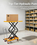 Heavy Duty Hydraulic Lift Table Cart Featuring 770 Pound Load Capacity And Rock Solid Double Scissor Mechanism For Warehouse Operations shown with a box on top.
