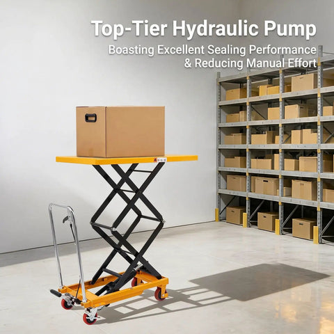 Heavy Duty Hydraulic Lift Table Cart Featuring 770 Pound Load Capacity And Rock Solid Double Scissor Mechanism For Warehouse Operations shown with a box on top.