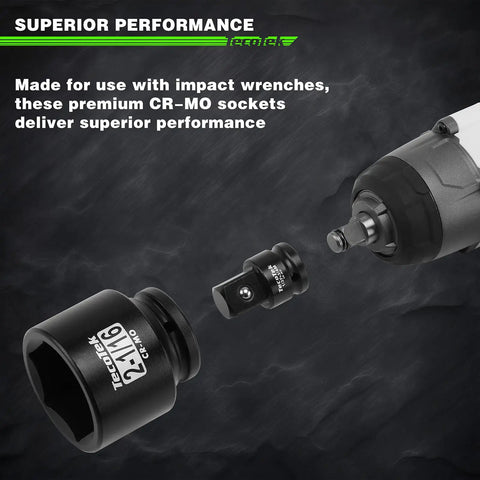 Beefy 9 Piece 6 Point Impact Socket Set With Jumbo SAE Size Range From 2 And 1 Sixteenth Inch To 2 And A Half Inch Forged Cr Mo Steel Black Oxide Finish For Extreme Torque And Long Life Plus One Half Inch Drive To Three Quarters Inch Adapter with impact wrench.