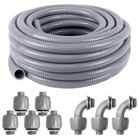Three Quarters Inch Liquid Tight Electrical Conduit Kit, 25 Ft Flexible Non Metallic And Metallic Conduit, UL Certified Fittings