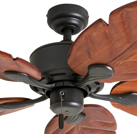 Close-up of 52 Inch Tropical Indoor Ceiling Fan With No Light And Pull Chain Three Mounting Options Hand Carved Wooden Leaf Blades In Bronze Finish