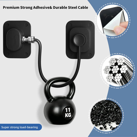 Two Pack Magnetic Cabinet Lock With Panda Key For Childproof Fridge And Cabinets, demonstrated with strong adhesive and steel cable