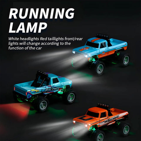 Mini 1 To 64 Scale Monster RC Truck With Lights 2 Point 4GHz Remote Adjustable Speed And Steering Portable Alloy Body Grey Ready To Roll showing headlights and taillights in dark setting
