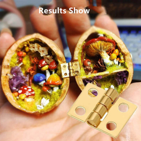 Gold 180 Degree Mini Brass Hinges Set for Dollhouse Furniture and Jewelry Boxes with colorful interior of tiny box