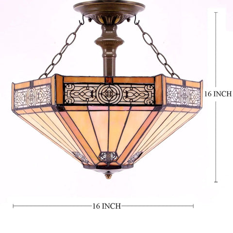 Tiffany Style Yellow Hexagon Stained Glass Ceiling Light Fixture That Pops, Mission Semi-Flush Mount Lamp, 16 Inch Wide