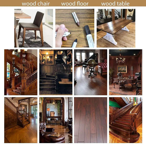 No Sweat Wood Repair Kit Featuring Sleek Touch Up Markers Plus Quality Wax Sticks For Quick Floor And Furniture Fixes In Assorted Rich Wood Tones, showcasing various wood furniture and surfaces.