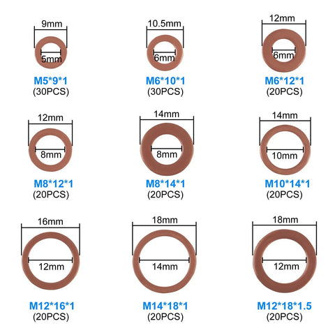 200 Pcs Flat Copper Washer Set Nine Sizes M5 To M14 O Ring Copper Gasket Seal Kit for Plumbing and Auto Repairs