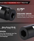 Close-up of Beefed-Up Six-Piece One Half Inch Drive Crank Bolt Socket Set with 21mm socket, heat treated, corrosion-resistant black phosphate finish.