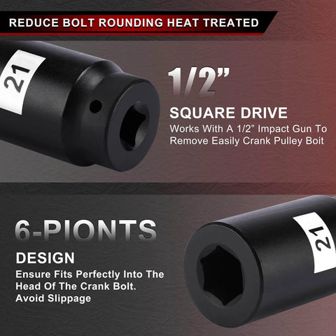 Close-up of Beefed-Up Six-Piece One Half Inch Drive Crank Bolt Socket Set with 21mm socket, heat treated, corrosion-resistant black phosphate finish.