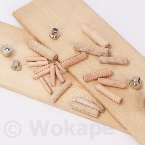 508 Piece Wooden Dowel Pin Set With Center Points In Four Sizes One Quarter Inch, Five Sixteenth Inch, Three Eighth Inch and One Half Inch Beveled Ends Solid And Hollow Dowel Pins For Furniture Repair And DIY Projects