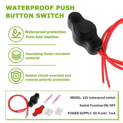 12V Waterproof Push Button Switch with Quick Connector and Wire for LED Accent Lighting, showcasing waterproof protection features.