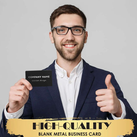 Man holding blank metal business card, smiling with thumbs up, wearing suit and glasses. 100 Piece Colorful Aluminum Engraving Blanks For Laser Etching 86 X 54 mm 0.21 mm Thick Multipurpose DIY Gift Cards And Business Cards Ten Color Options Including Gold Green Blue Purple Black Silver Matte Black Light Gold Rose Gold Red