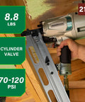 Framing Nailer With High Grade Aluminum Magazine For Tough As Nails Performance Jam Free Pneumatic Tool Accepts Two Inch To Three And A Quarter Inch Collated Nails Twenty One Degree Includes Rafter Hook NR83A5S1, shown in use on wood framing, highlighting 21° angle and specs.