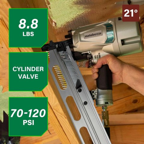 Framing Nailer With High Grade Aluminum Magazine For Tough As Nails Performance Jam Free Pneumatic Tool Accepts Two Inch To Three And A Quarter Inch Collated Nails Twenty One Degree Includes Rafter Hook NR83A5S1, shown in use on wood framing, highlighting 21° angle and specs.