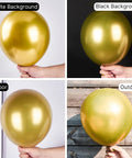 Top Tier 12 Inch Gold Latex Helium Balloons 50 Pack Slay Party Decorations held in hand against various backgrounds.