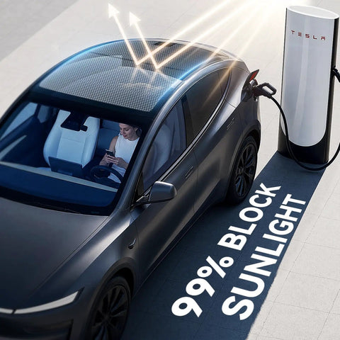 Slick Tight Custom Fit Sunshade For Tesla Model Y Juniper 2025 2026 Glass Roof installed, blocks glare and heat.
