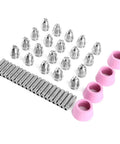 Heavy Duty 44 Piece Welding Torch Nozzle And Collet Guard Cap Replacement Kit With Premium Ceramic Steel Construction For Plasma Cutter AG60 SG55 Upgrades parts arranged, showcasing ceramic nozzles and caps.