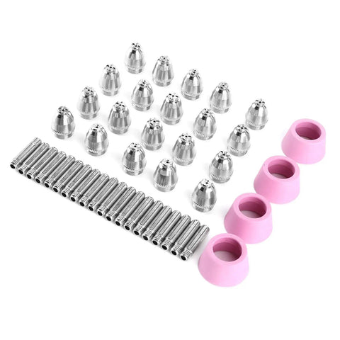 Heavy Duty 44 Piece Welding Torch Nozzle And Collet Guard Cap Replacement Kit With Premium Ceramic Steel Construction For Plasma Cutter AG60 SG55 Upgrades parts arranged, showcasing ceramic nozzles and caps.