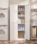White Metal Pantry Cabinet 71 Inch Tall Kitchen Storage Organizer With Doors And Four Adjustable Shelves Two Gold Handles