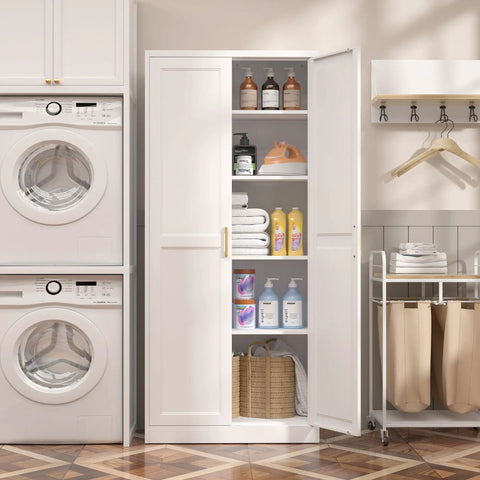 White Metal Pantry Cabinet 71 Inch Tall Kitchen Storage Organizer With Doors And Four Adjustable Shelves Two Gold Handles