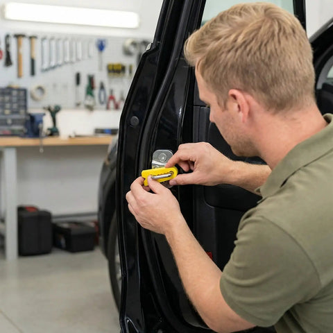 Man installing Door Lock Shock Absorber Pads 4 Pack Red Rubber Noise Dampening Bumpers for cars with adhesive backing.