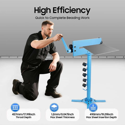 Person using Pro Grade Manual Sheet Metal Bead Roller Kit With Six Die Sets, Twelve Dies Total, for beading 19.29 inches on 1.2mm metal