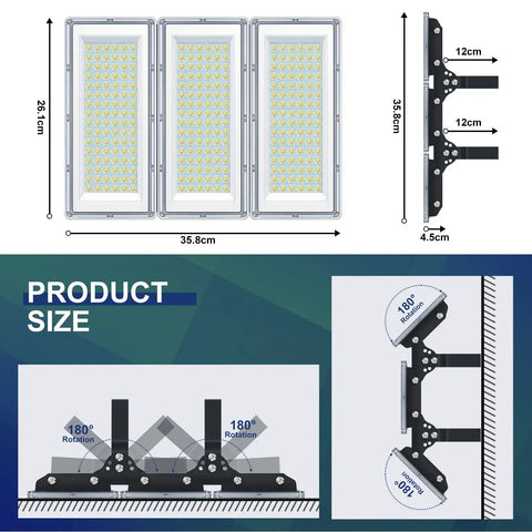 Diagram showing dimensions and 180-degree rotation of Beastly 600W Outdoor LED Flood Lights 2 Pack, Ultra Bright 60,000 Lumens, 7000K Cool White.