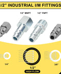 1/2” industrial I/M fittings for 50ft Hybrid Air Hose With Half Inch MNPT Ends And Bend Restrictors, 3 Piece Half Inch Coupler And Plug Kit