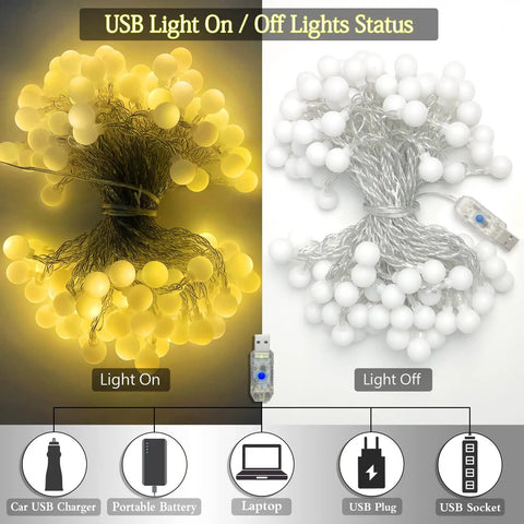 Globe String Lights With 50 LED Warm White USB Powered Remote Control 8 Modes 23 Ft Fairy Lights For Bedroom Balcony Garden Party Christmas Tree Indoor Outdoor IP44 Waterproof