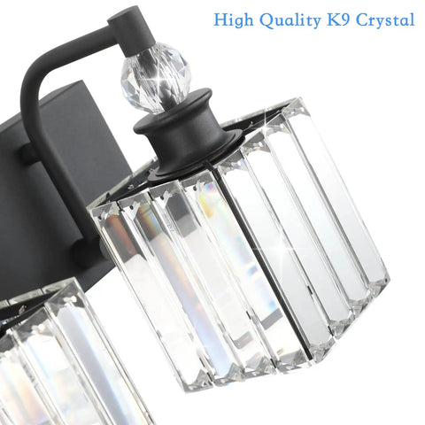 Close-up of crystal square shade on Crystal Black Vanity Light For Bathroom, 3 Light 24 Inch Modern Matte Black Over Mirror Fixture