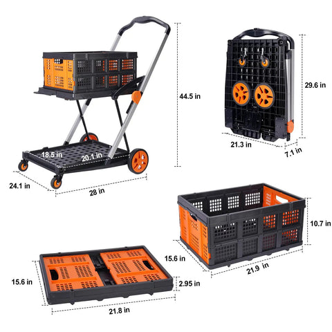 Collapsible Shopping Cart With Two Storage Crates And Two Tie Down Straps, 200 Pound Capacity Wheeled Grocery Cart, Bright Orange