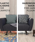 Multi Surface Furniture Sliders With Moving Pads For Carpet And Hardwood Floors Extra Heavy Duty Floor Protectors Using Glide Socks To Haul Furniture Without A Scratch No Sweat Home Relocation Gear Easy Move Smooth Operator Design 16 Piece Pack on couches with different sliders.