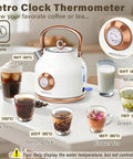 1.7L Stainless Steel Electric Kettle With Big Temperature Gauge And LED Indicator, surrounded by beverages, white